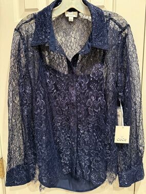 CeCe XL Navy Lace Button-Front Women's Blouse